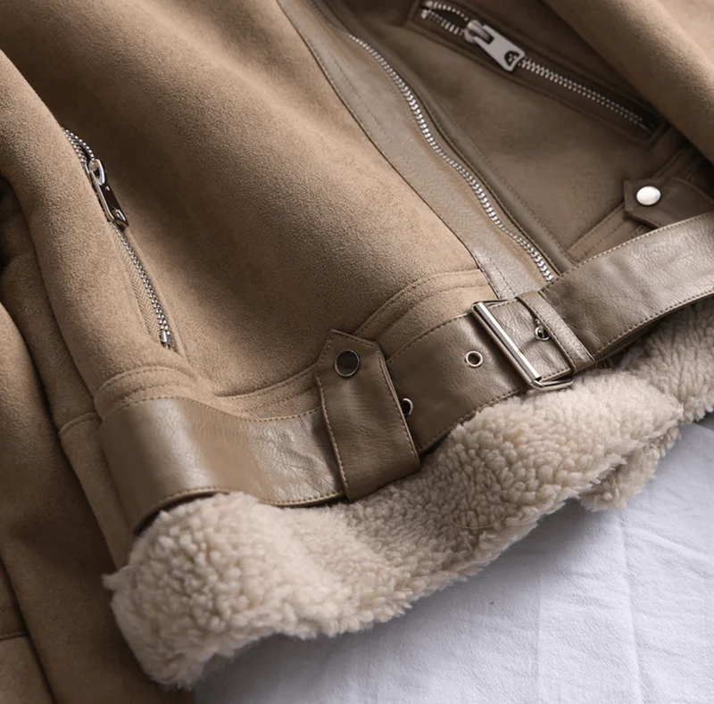 Suede-Look Sherpa Lined Aviator Jacket for Women