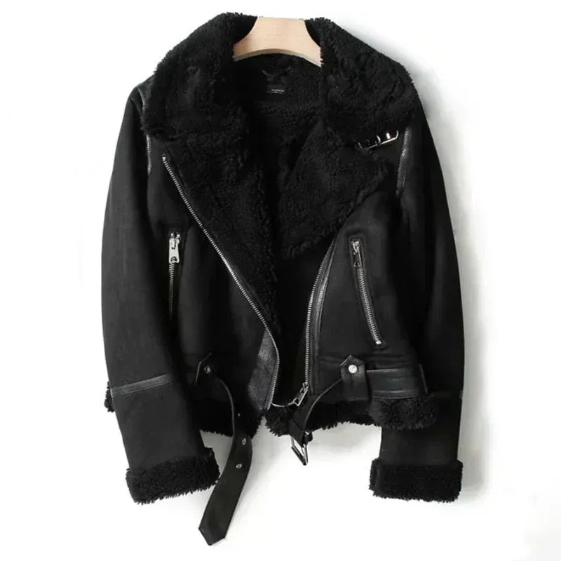 Suede-Look Sherpa Lined Aviator Jacket for Women in Black