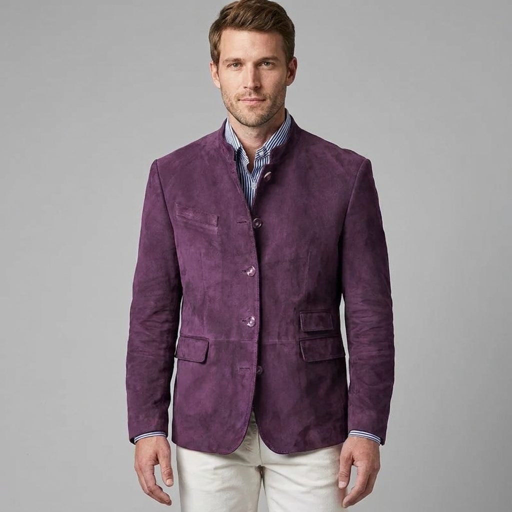 Suede-Look Slim Fit Blazer with Button Front for Men in Purple
