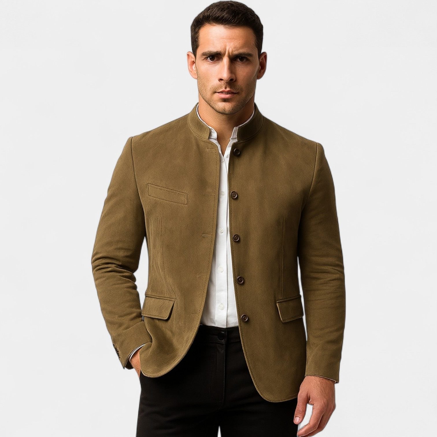Suede-Look Slim Fit Blazer with Button Front for Men in Khaki