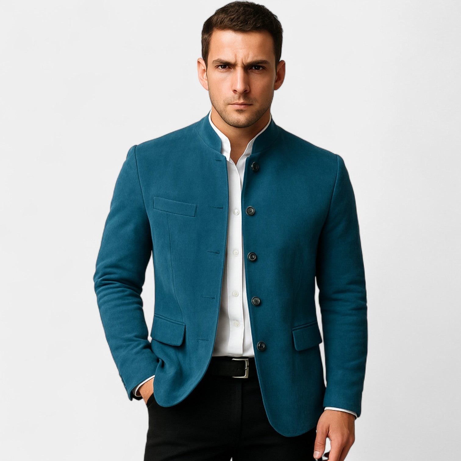 Suede-Look Slim Fit Blazer with Button Front for Men in Navy Blue