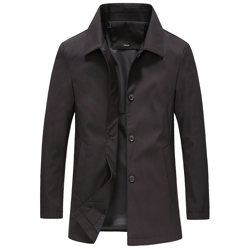 Trench Coat with Button-Down Collar and Side Pockets for Men in Black