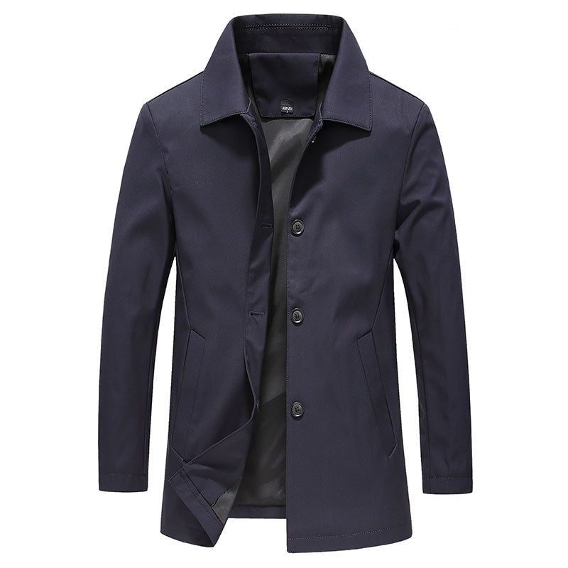 Trench Coat with Button-Down Collar and Side Pockets for Men in Blue