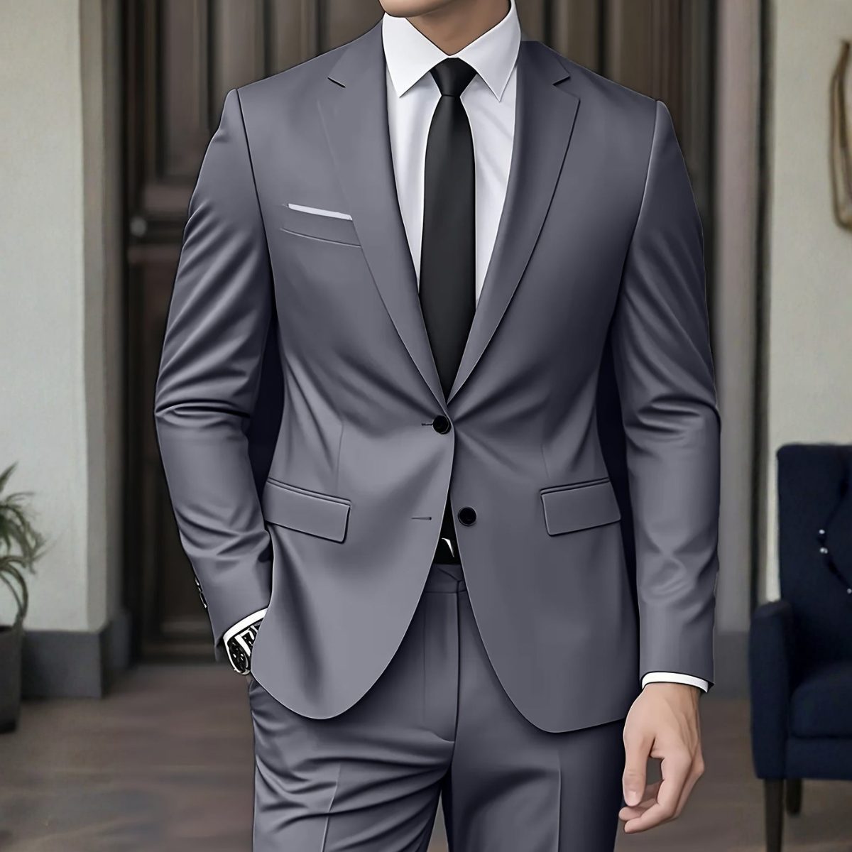 Two-Piece Tailored Blazer Suit with Notch Lapels for Men in Grey
