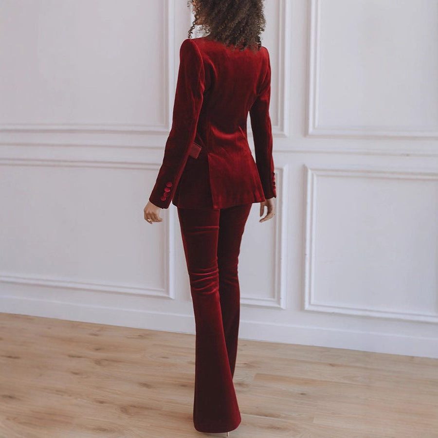 Velvet Blazer Set with Flared Trousers for Women