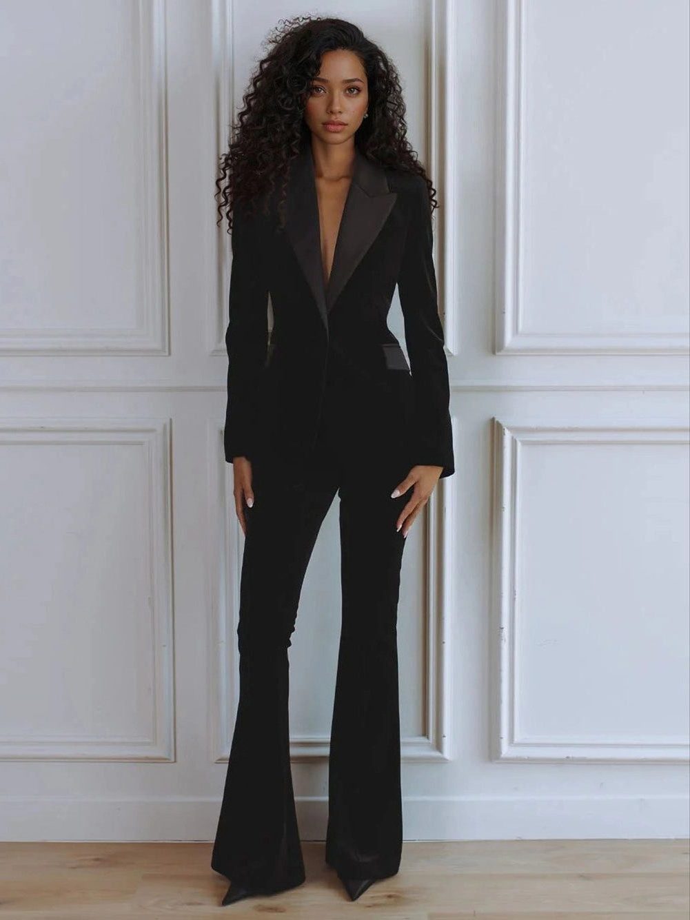 Velvet Blazer Set with Flared Trousers for Women in Black