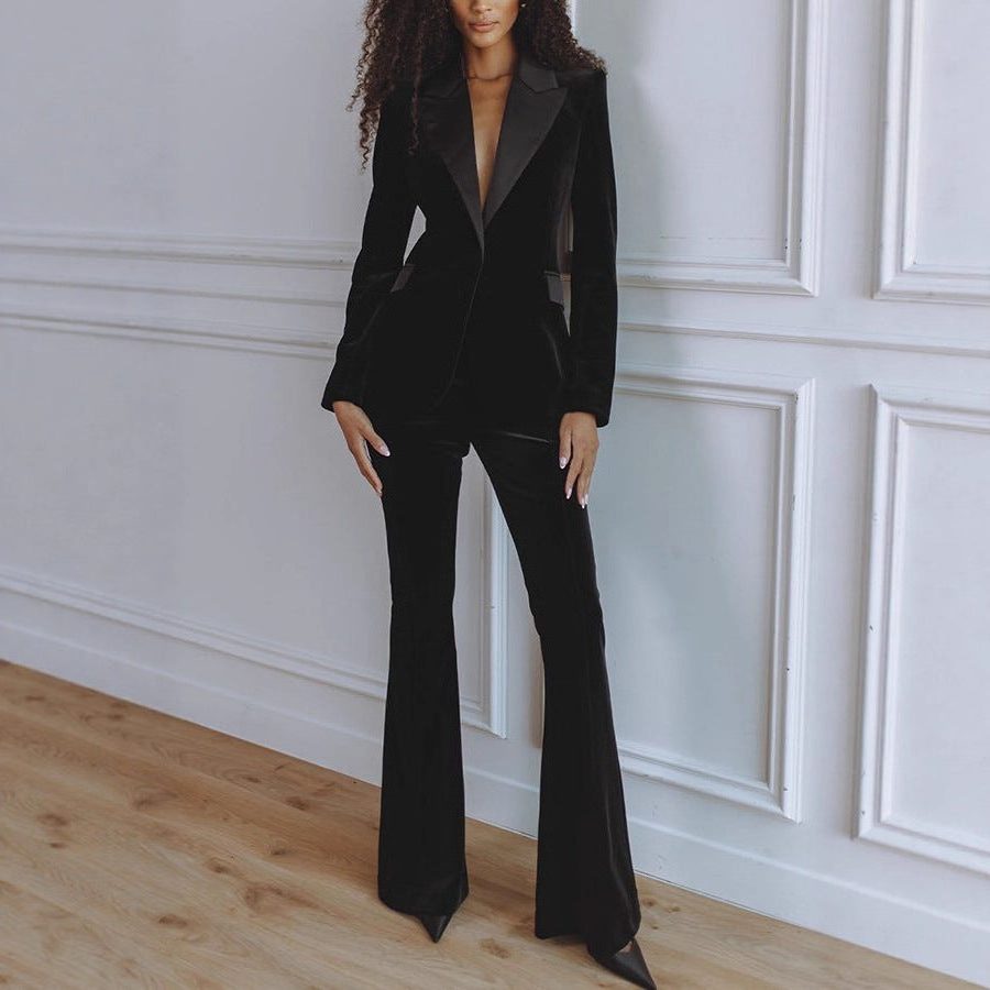 Velvet Blazer Set with Flared Trousers for Women