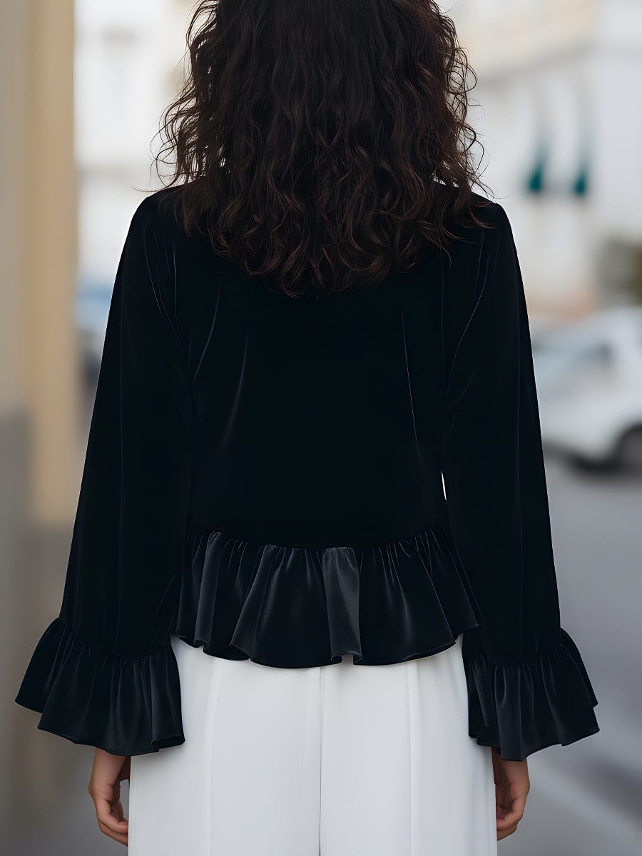 Velvet Blouse with Ruffle Trim and Long Sleeves for Women