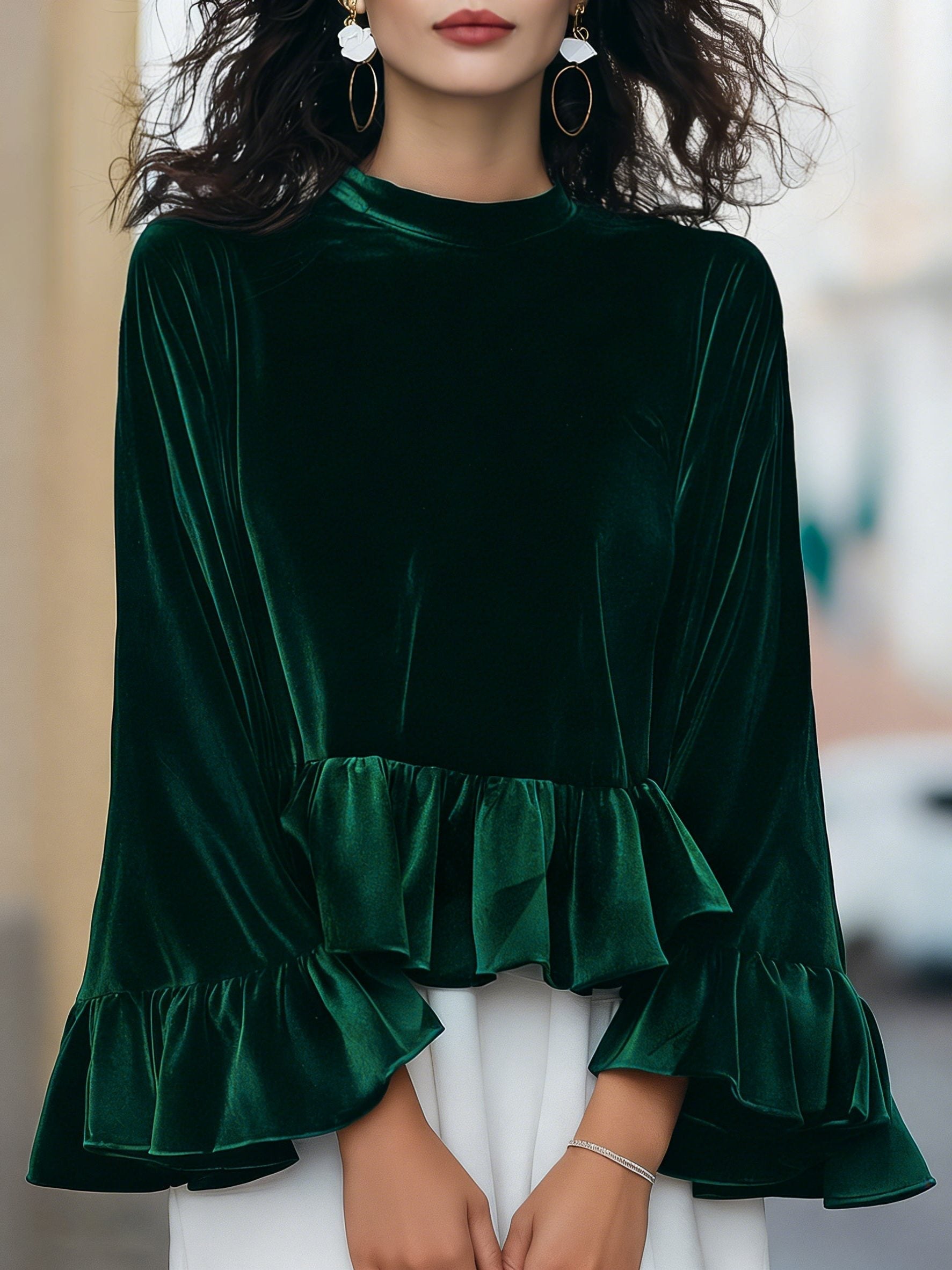Velvet Blouse with Ruffle Trim and Long Sleeves for Women in Emerald Green
