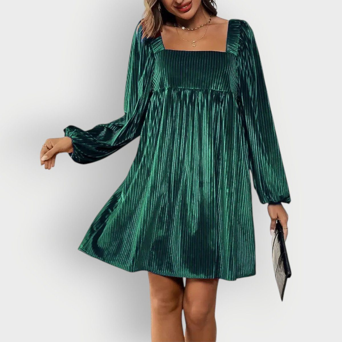 Velvet Formal Pleated Dress with Square Neck and Long Sleeves for Women in Dark Green