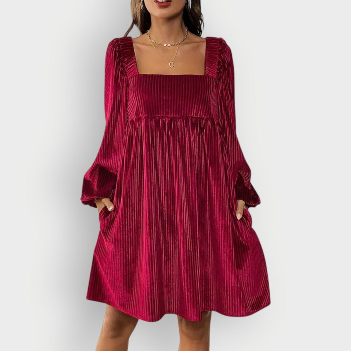 Velvet Formal Pleated Dress with Square Neck and Long Sleeves for Women