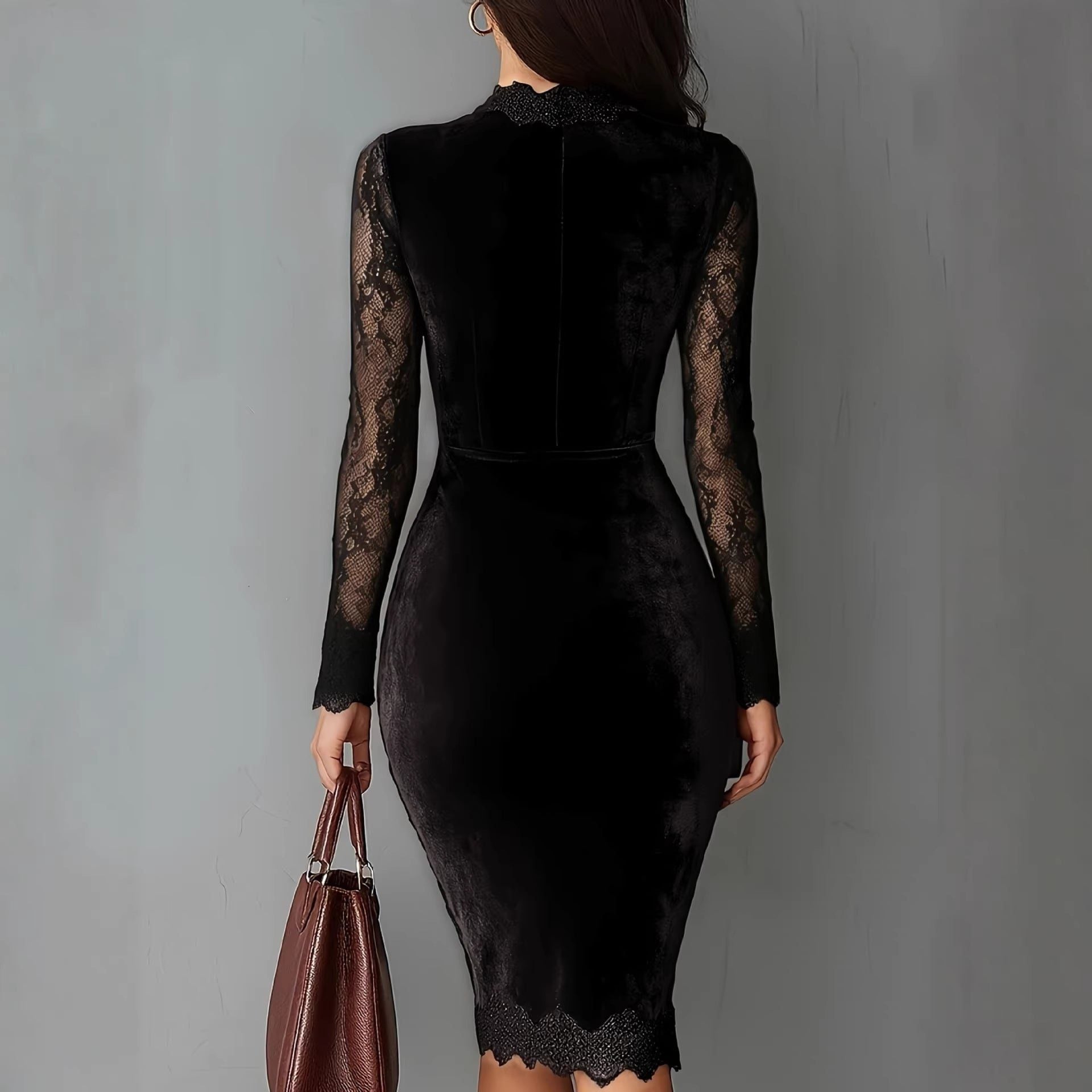 Velvet Midi Dress with Lace Inserts for Women