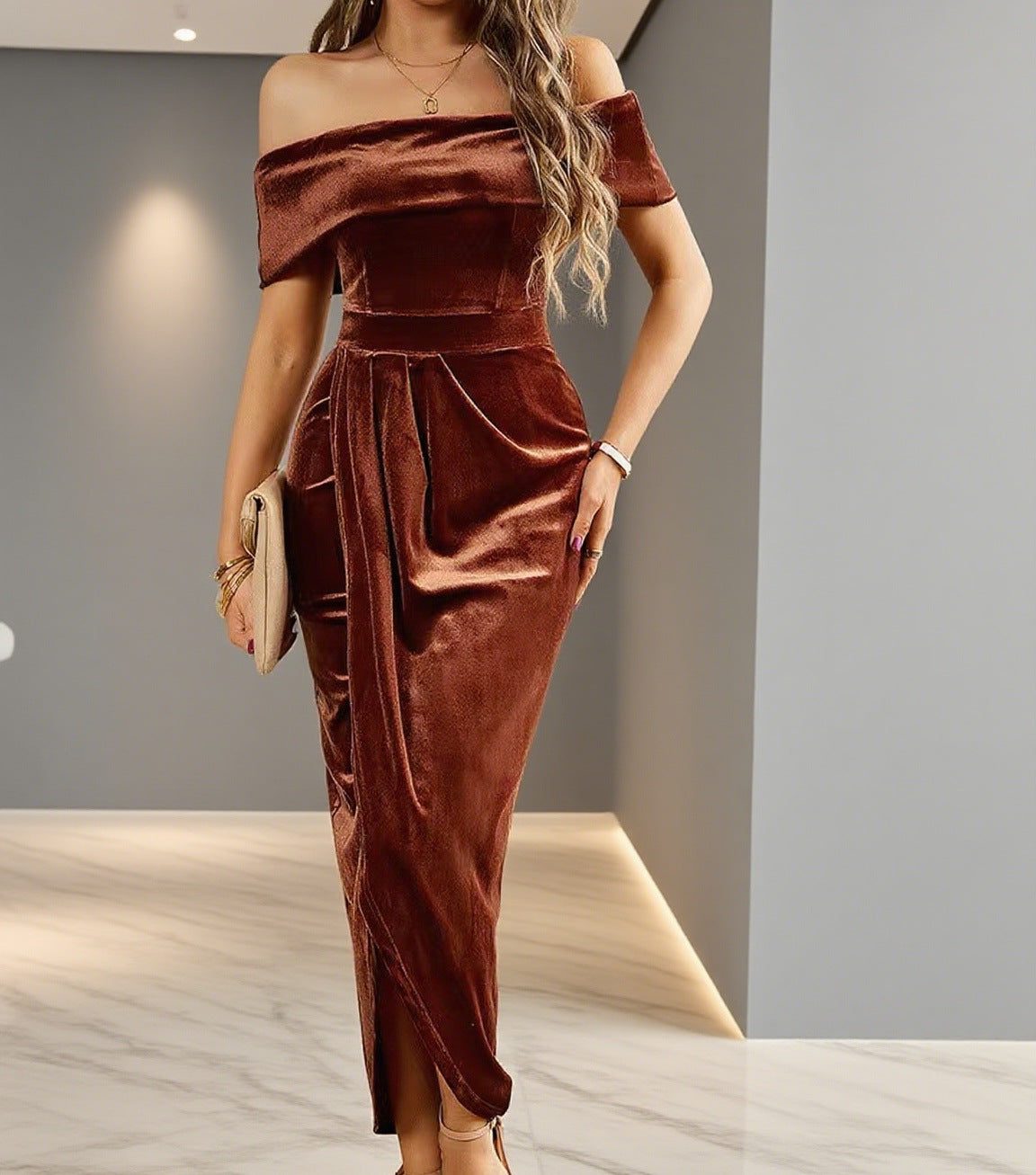 Velvet Off-Shoulder Maxi Dress with Draped Split for Women in Brown
