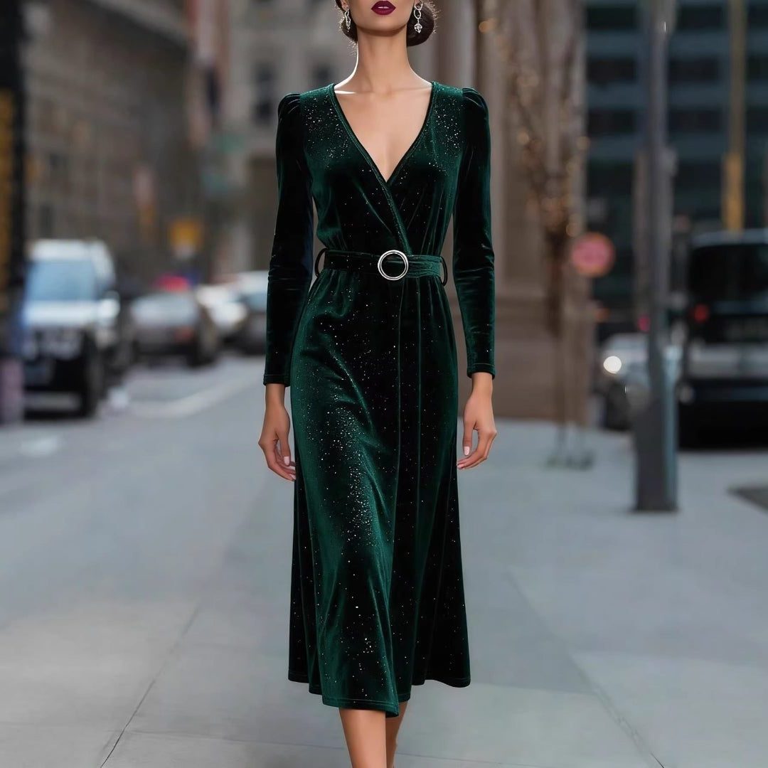 Velvet Wrap Midi Dress with V-Neck and Belt for Women in Dark Green