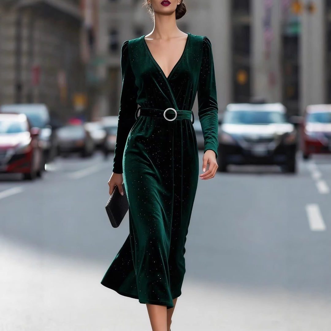 Velvet Wrap Midi Dress with V-Neck and Belt for Women