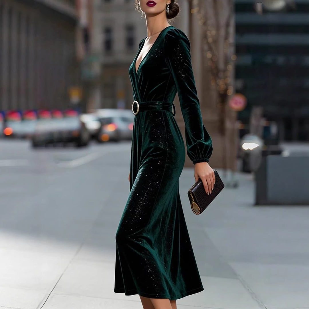 Velvet Wrap Midi Dress with V-Neck and Belt for Women