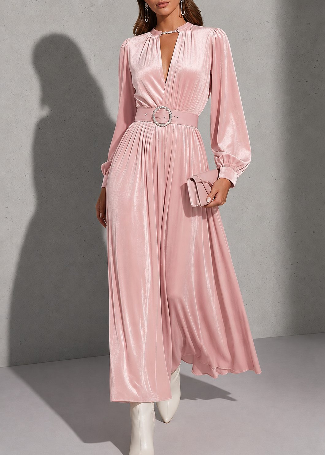 Wedding Guest Maxi Dress with Belt and Long Sleeves for Women in Pink