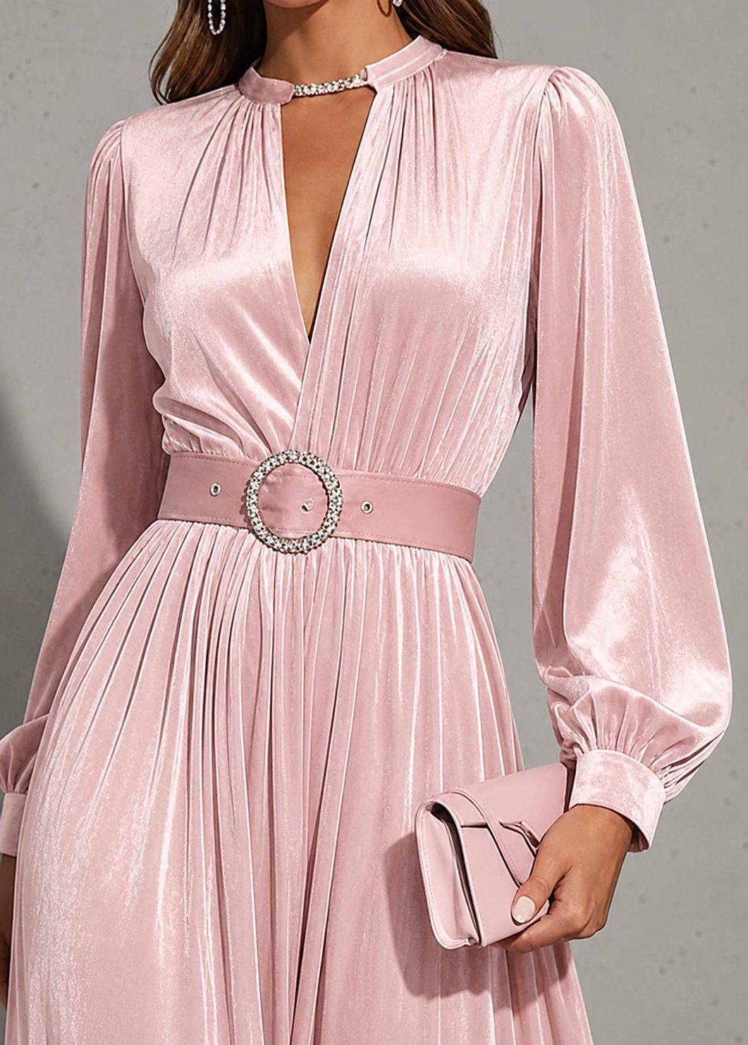 Wedding Guest Maxi Dress with Belt and Long Sleeves for Women