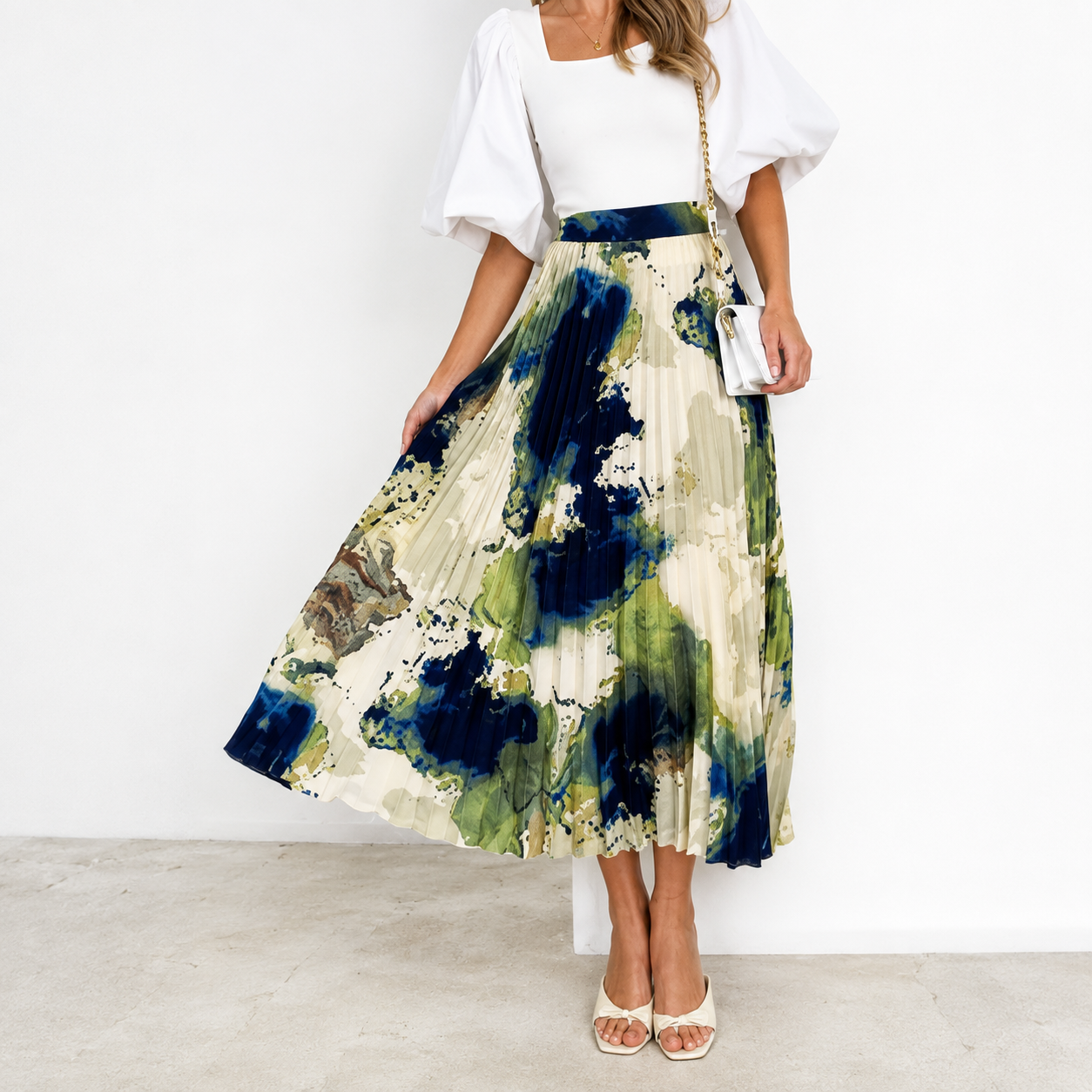 Wedding Guest Patterned Pleated Maxi Skirt for Women