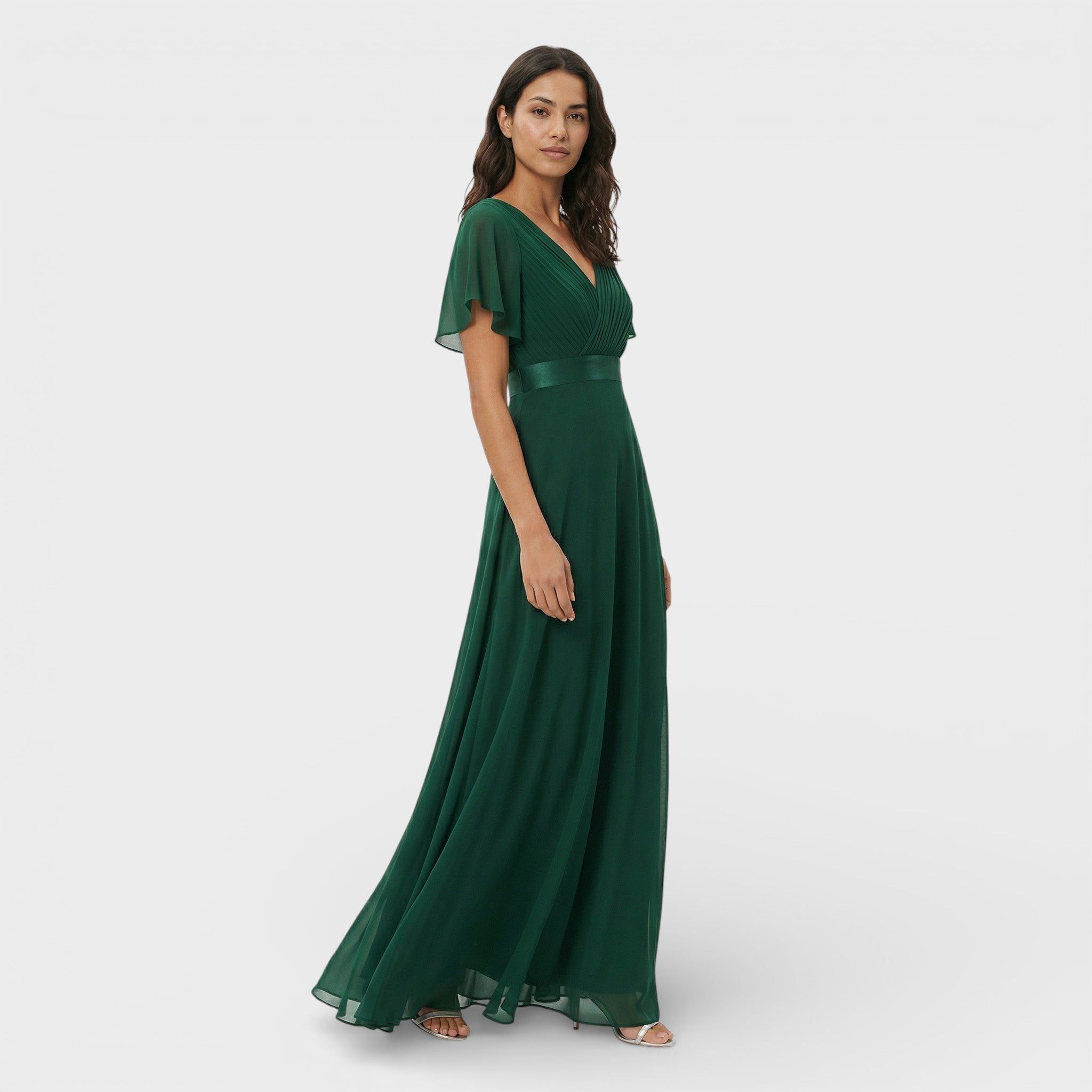 Wedding Guest Pleated Maxi Dress with V-Neck for Women in Green