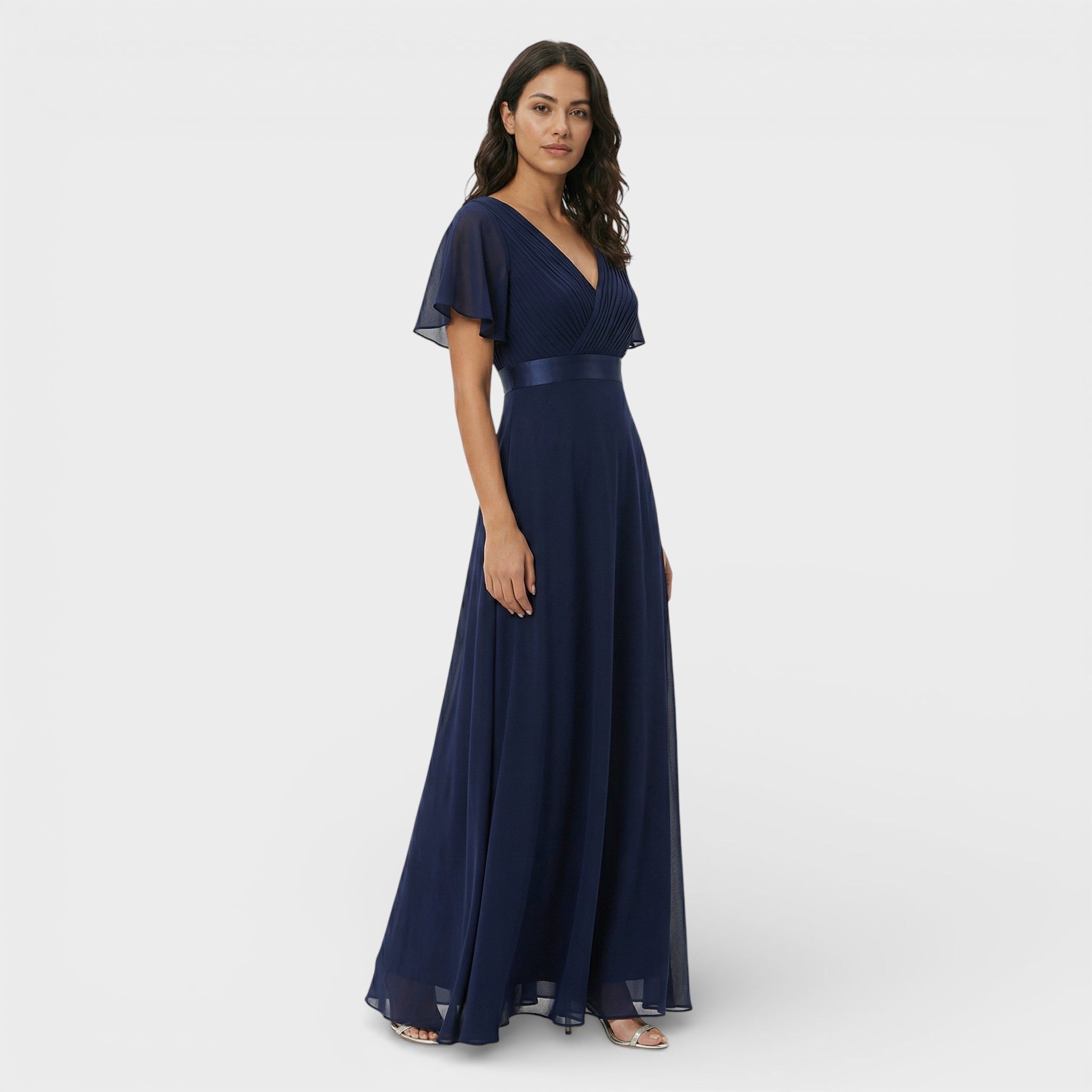 Wedding Guest Pleated Maxi Dress with V-Neck for Women in Navy Blue