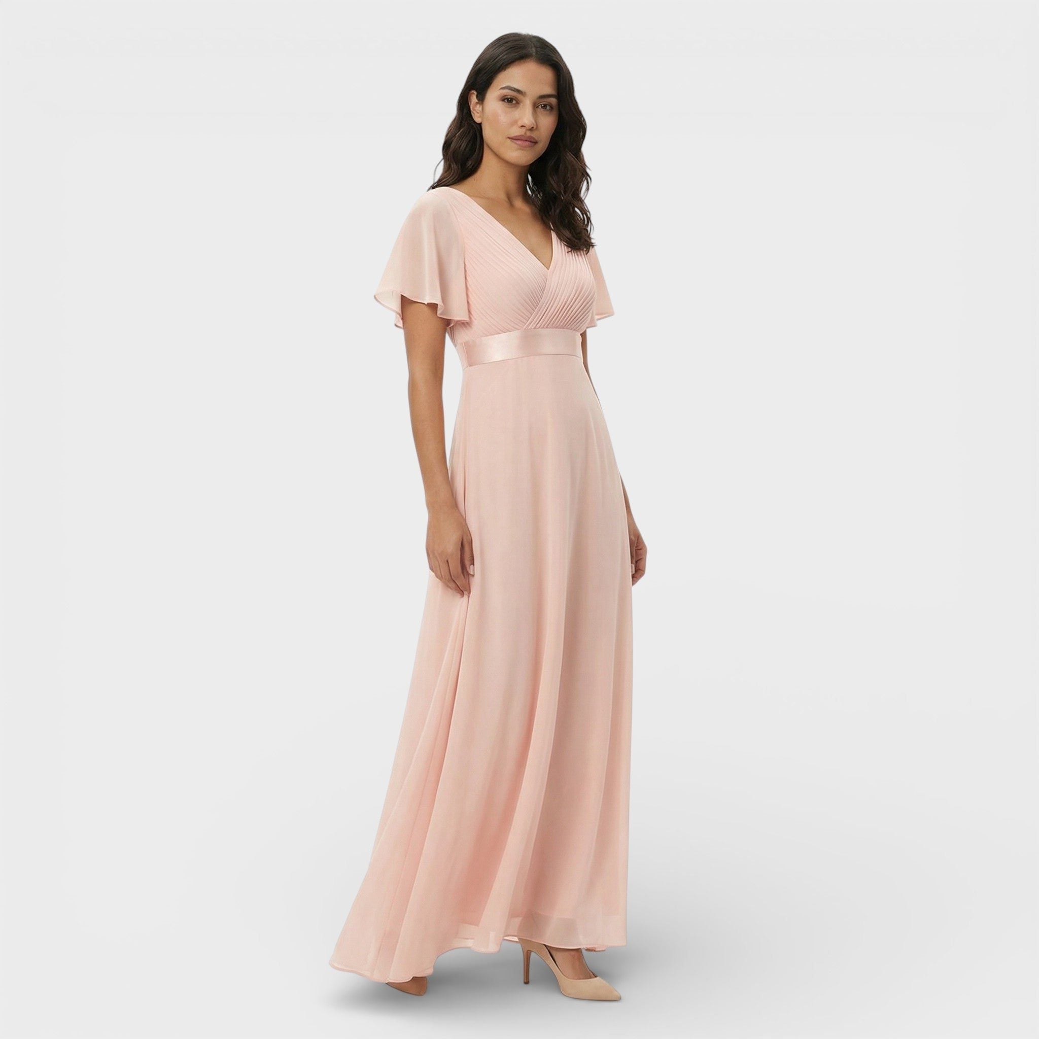 Wedding Guest Pleated Maxi Dress with V-Neck for Women in Pink