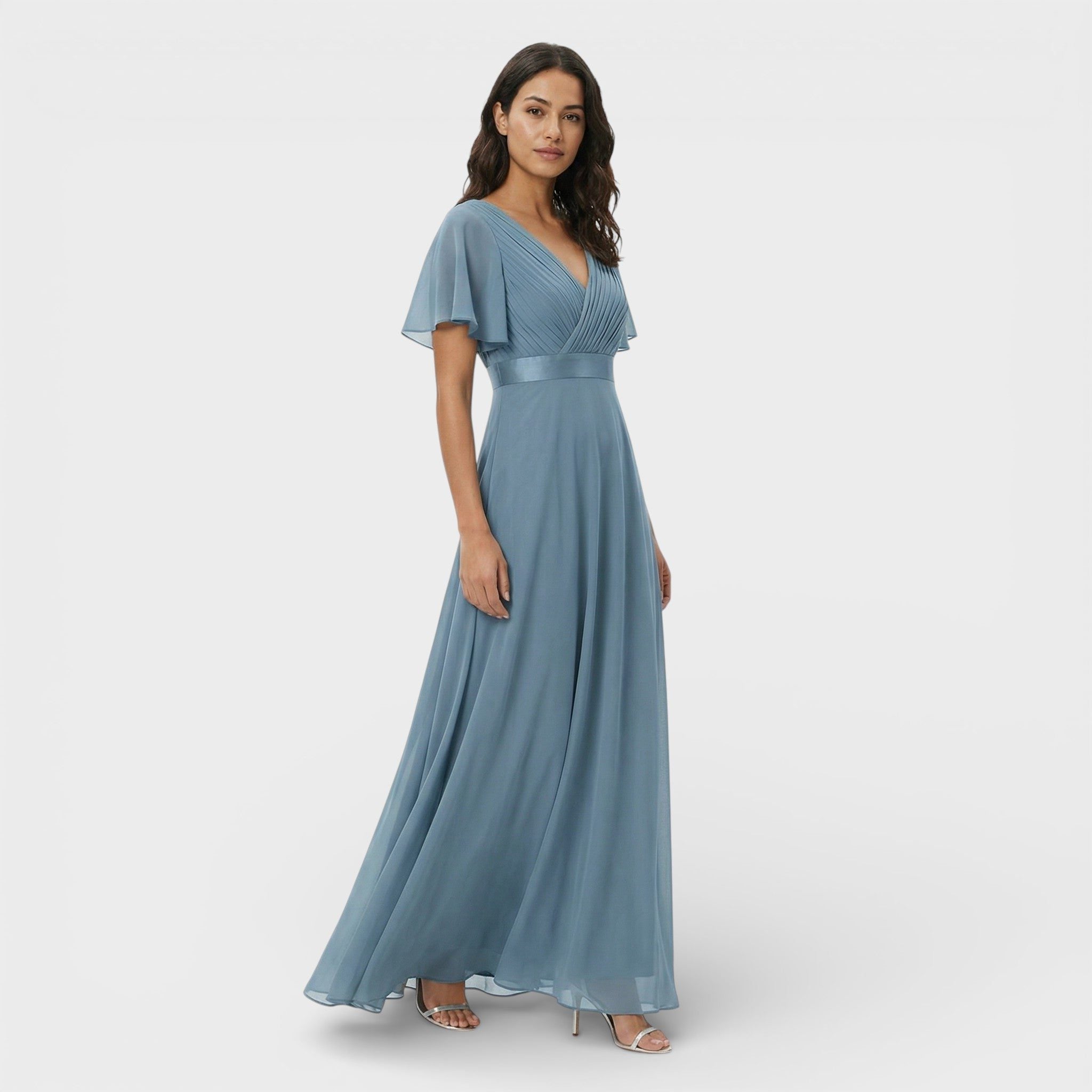 Wedding Guest Pleated Maxi Dress with V-Neck for Women in Light Blue