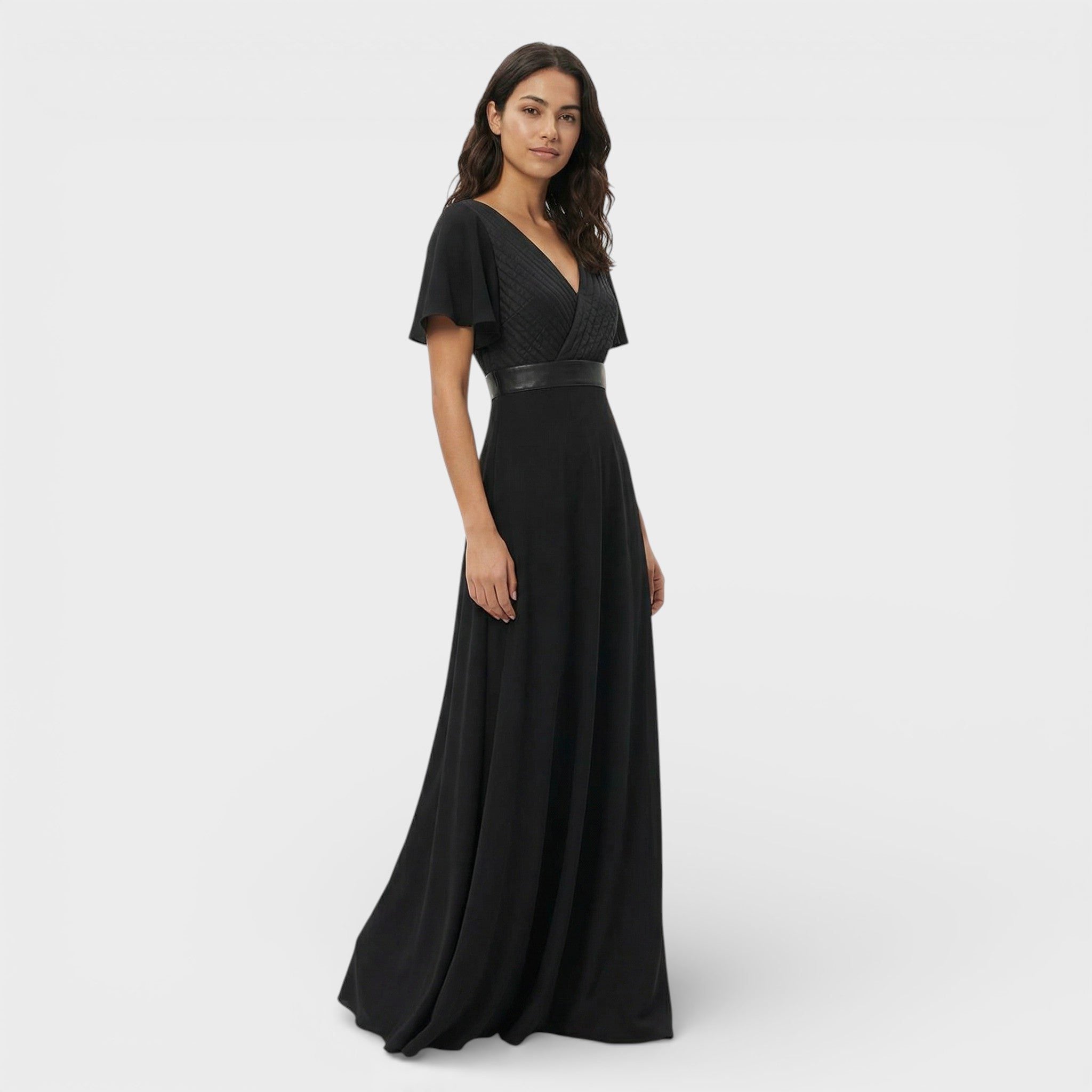 Wedding Guest Pleated Maxi Dress with V-Neck for Women in Black