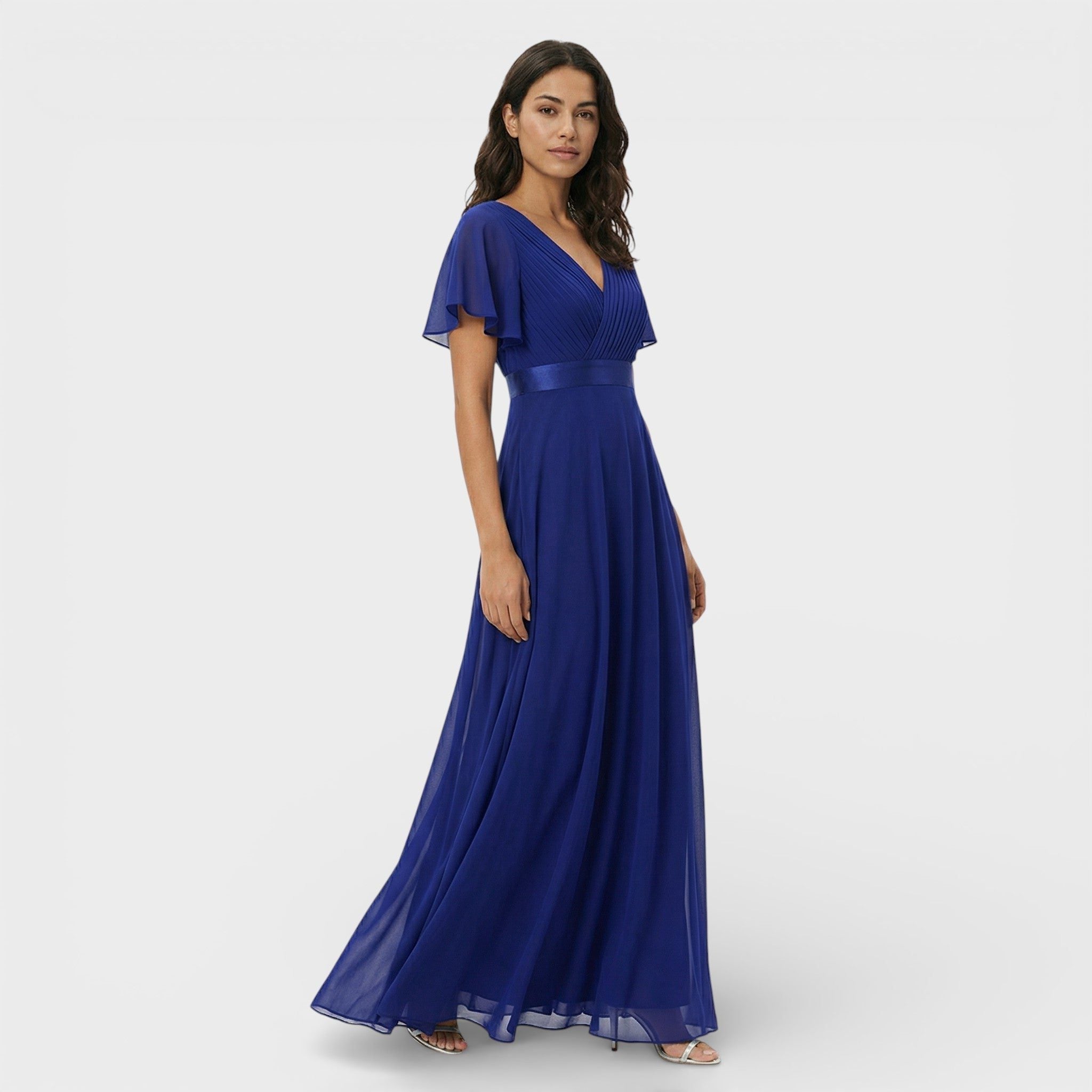 Wedding Guest Pleated Maxi Dress with V-Neck for Women in Dark Blue