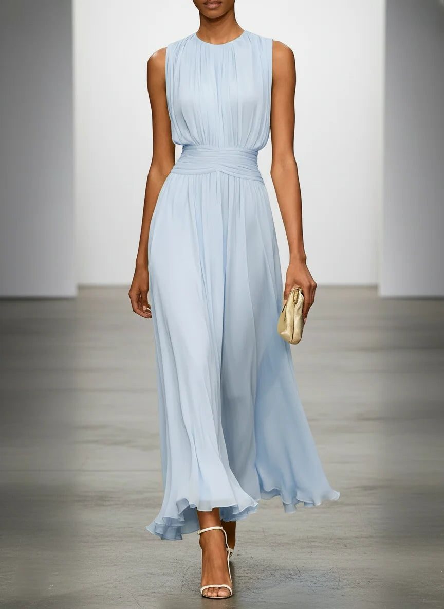 Wedding Guest Sleeveless A-Line Maxi Dress with Ruched Waist for Women in Light Blue