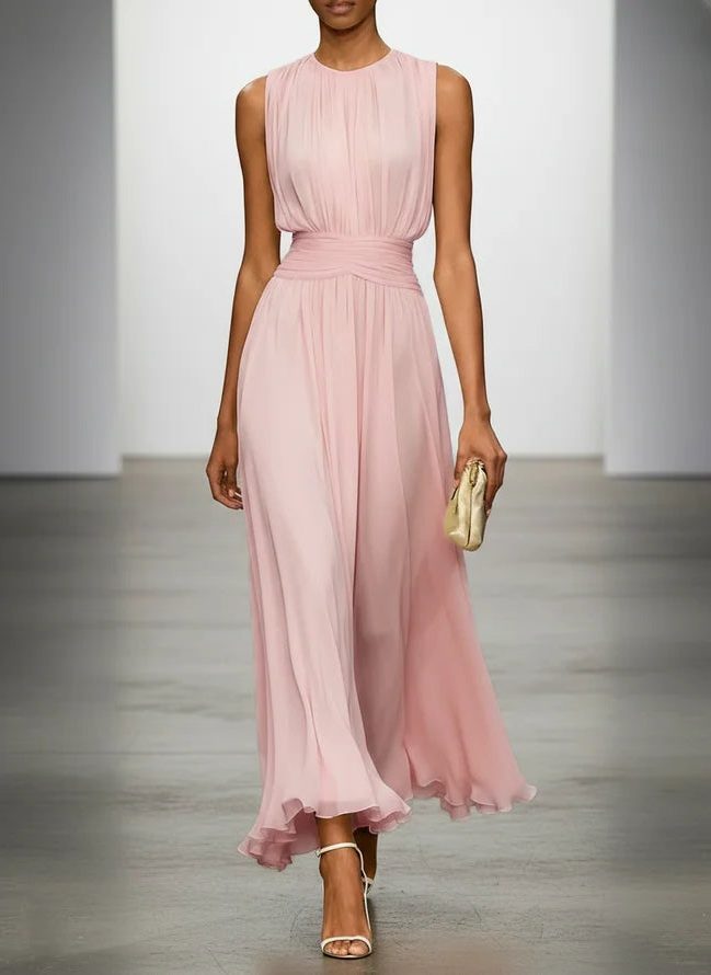 Wedding Guest Sleeveless A-Line Maxi Dress with Ruched Waist for Women in Light Pink