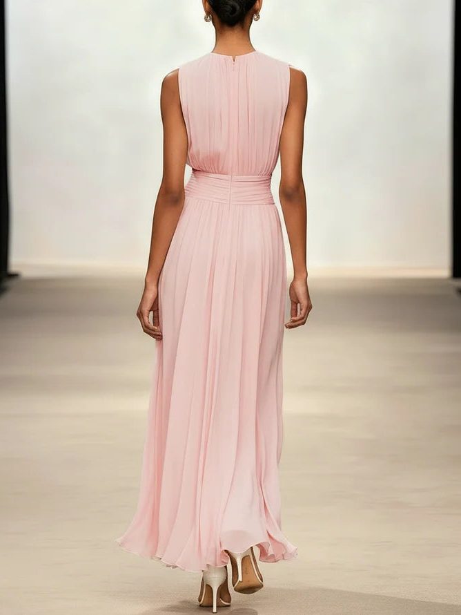 Wedding Guest Sleeveless A-Line Maxi Dress with Ruched Waist for Women