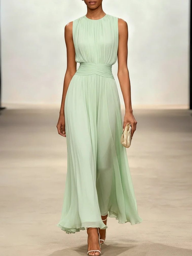 Wedding Guest Sleeveless A-Line Maxi Dress with Ruched Waist for Women in Sage Green