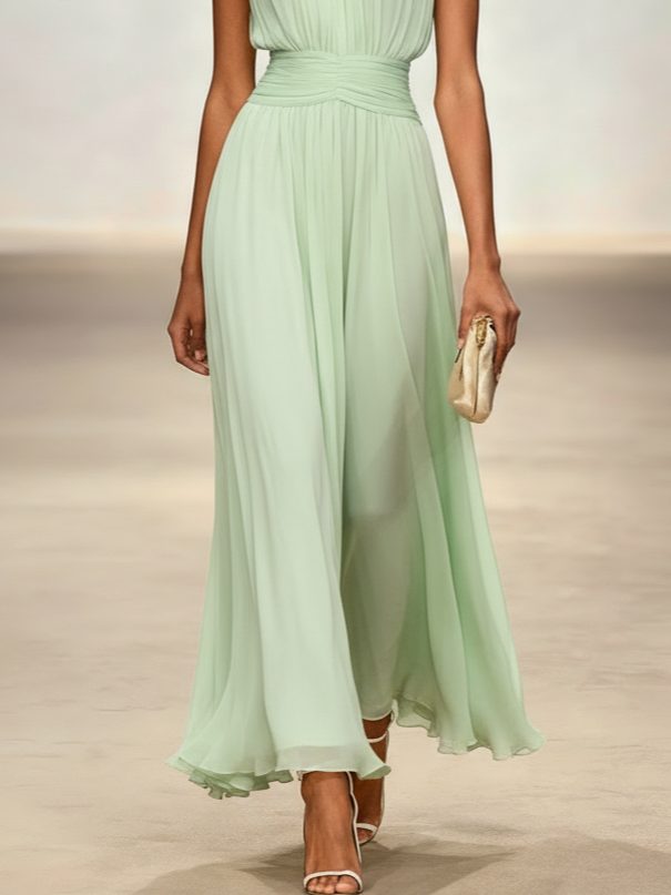 Wedding Guest Sleeveless A-Line Maxi Dress with Ruched Waist for Women
