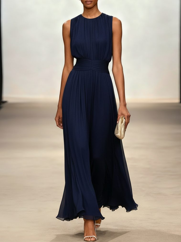 Wedding Guest Sleeveless A-Line Maxi Dress with Ruched Waist for Women in Navy Blue