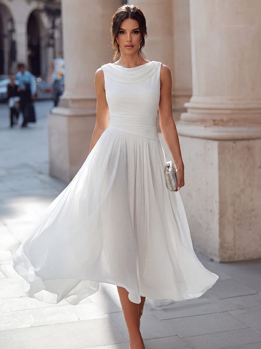 Wedding Guest Sleeveless Pleated Midi Dress with Draped Neck for Women in White