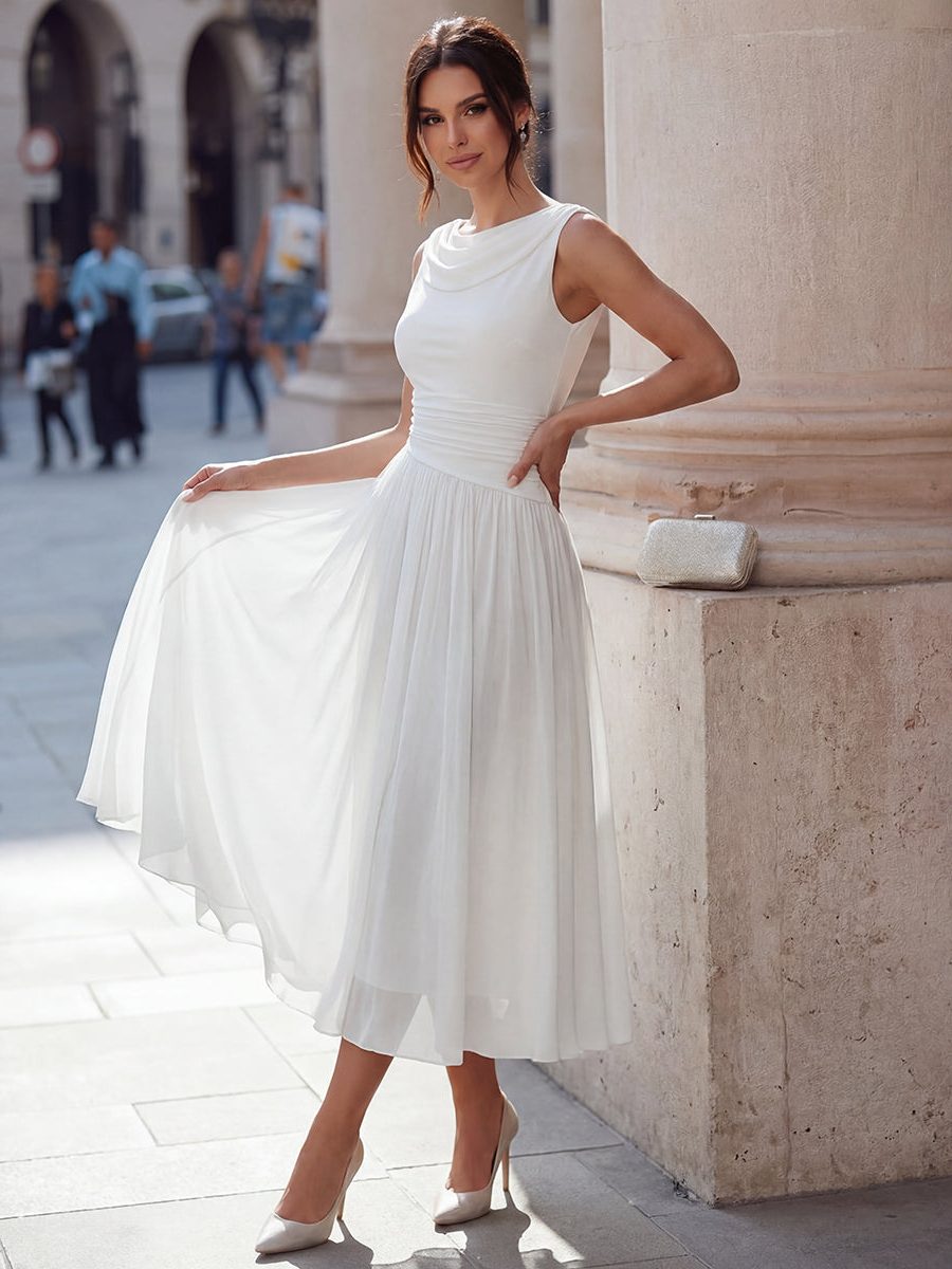 Wedding Guest Sleeveless Pleated Midi Dress with Draped Neck for Women