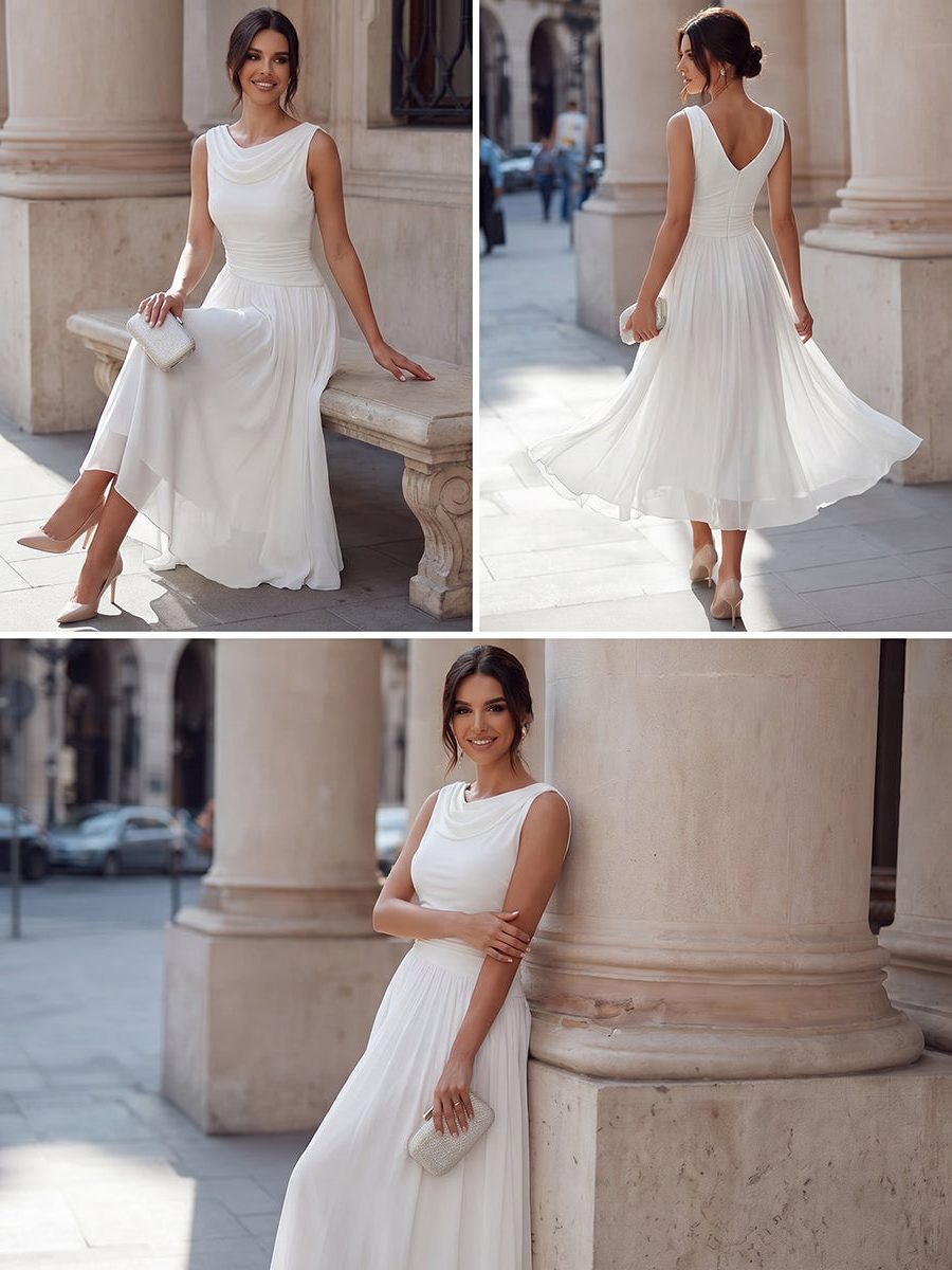 Wedding Guest Sleeveless Pleated Midi Dress with Draped Neck for Women
