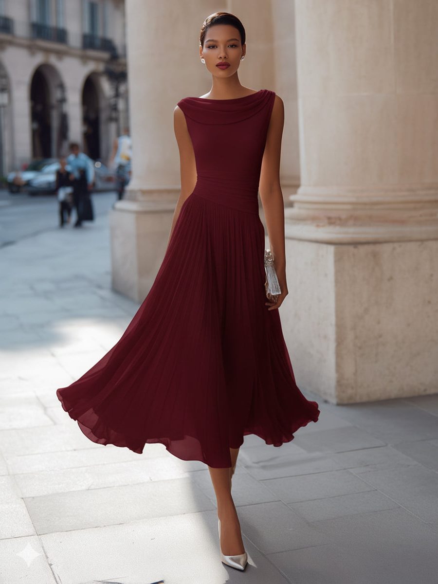 Wedding Guest Sleeveless Pleated Midi Dress with Draped Neck for Women in Burgundy