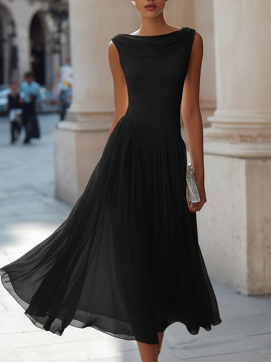 Wedding Guest Sleeveless Pleated Midi Dress with Draped Neck for Women in Black
