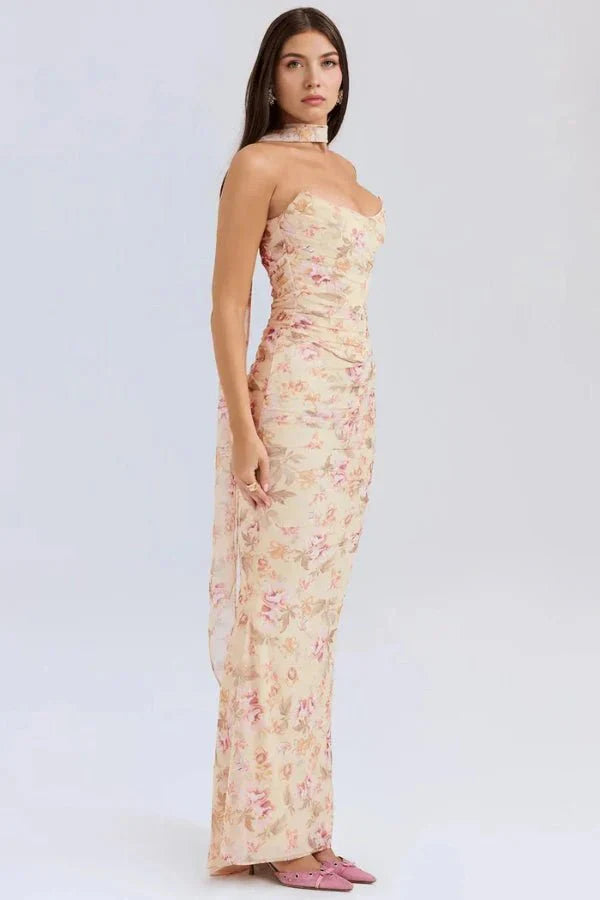 Wedding Guest Strapless Maxi Dress for Women with Bodycon Fit in Floral