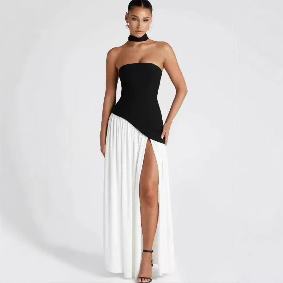 Wedding Guest Strapless Maxi Dress with Leg Split for Women in Black