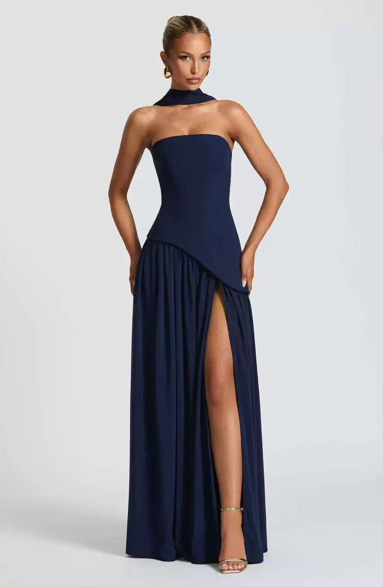 Wedding Guest Strapless Maxi Dress with Leg Split for Women in Dark Blue