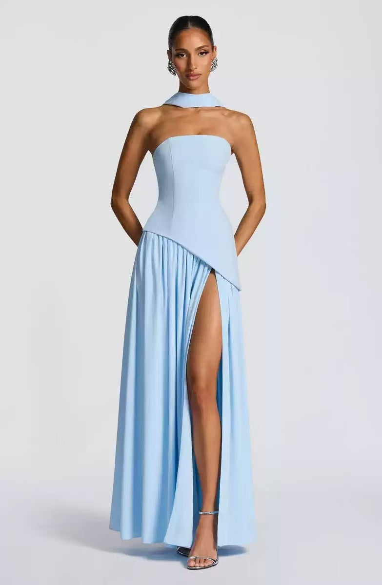 Wedding Guest Strapless Maxi Dress with Leg Split for Women in Blue
