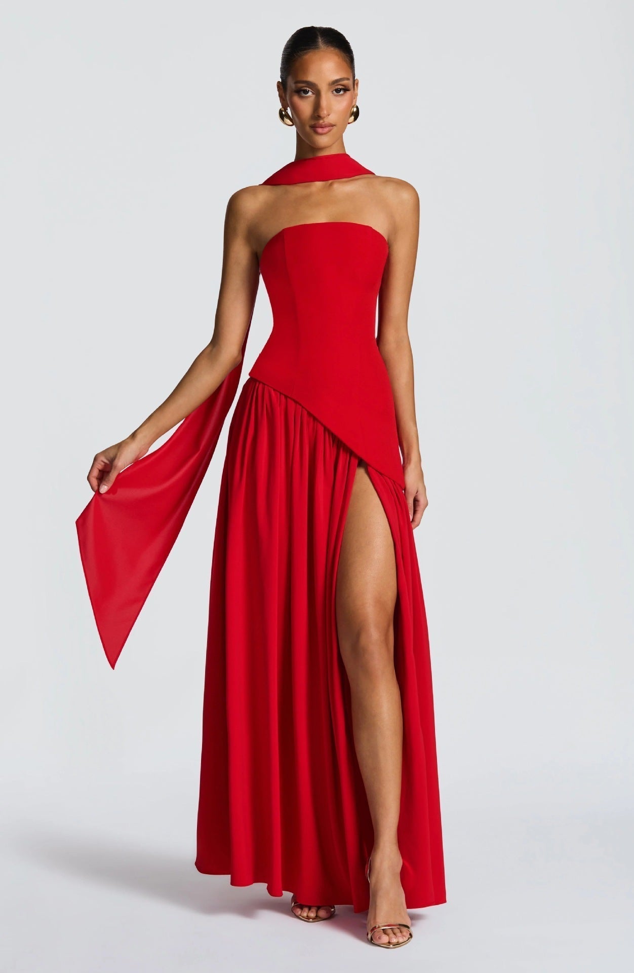 Wedding Guest Strapless Maxi Dress with Leg Split for Women in Red