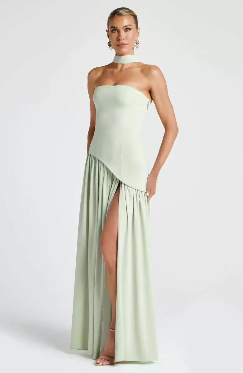 Wedding Guest Strapless Maxi Dress with Leg Split for Women in Green