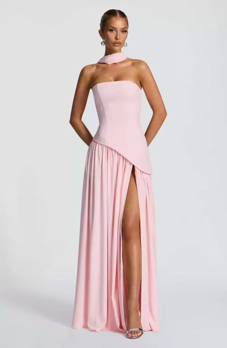 Wedding Guest Strapless Maxi Dress with Leg Split for Women in Pink