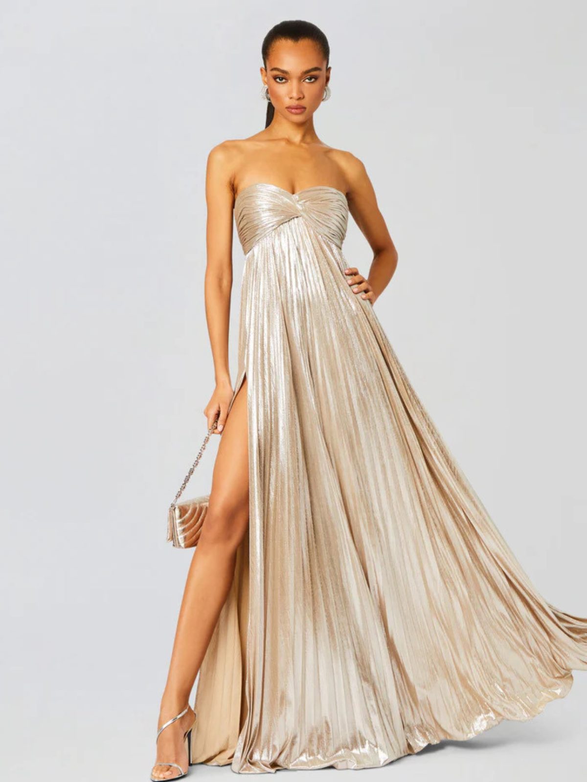 Wedding Guest Strapless Maxi Dress with Twisted Bodice and Leg Split