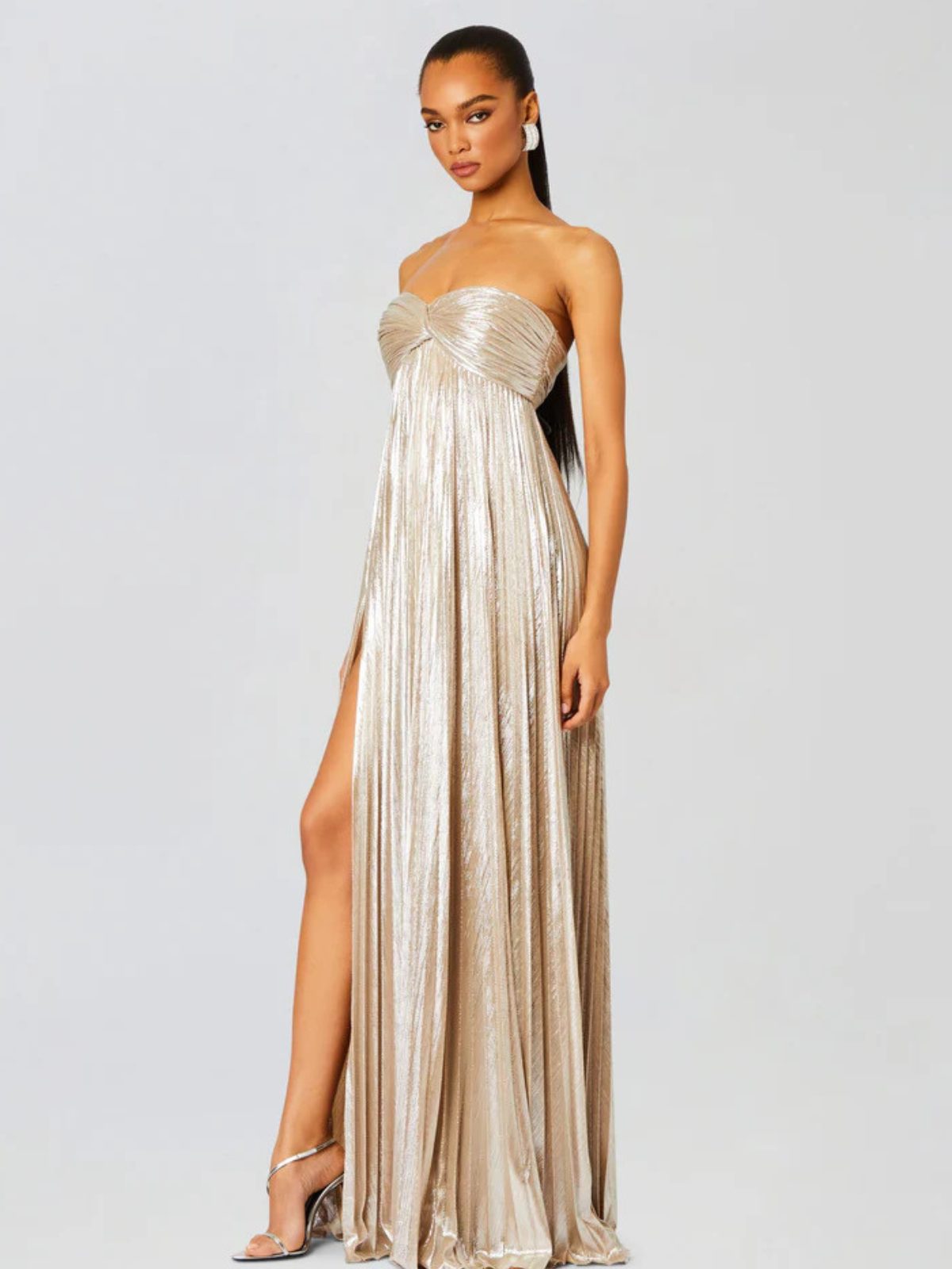 Wedding Guest Strapless Maxi Dress with Twisted Bodice and Leg Split