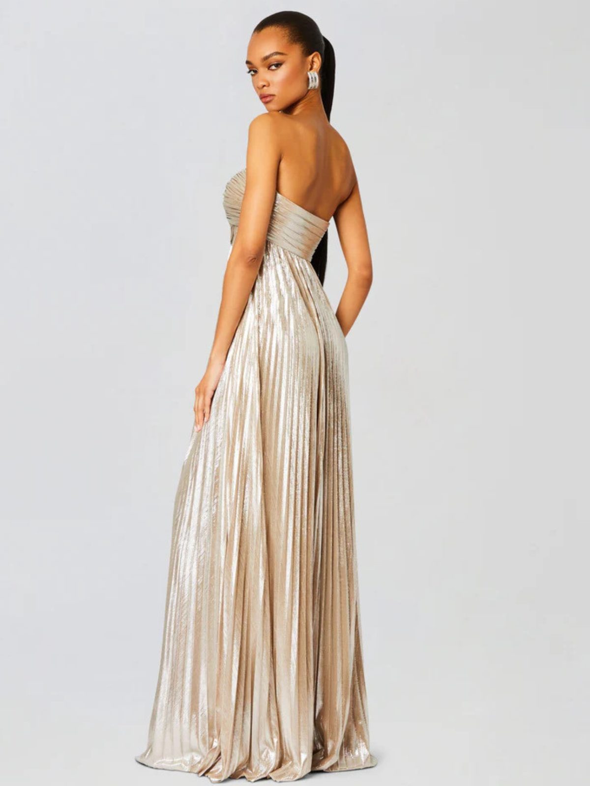 Wedding Guest Strapless Maxi Dress with Twisted Bodice and Leg Split